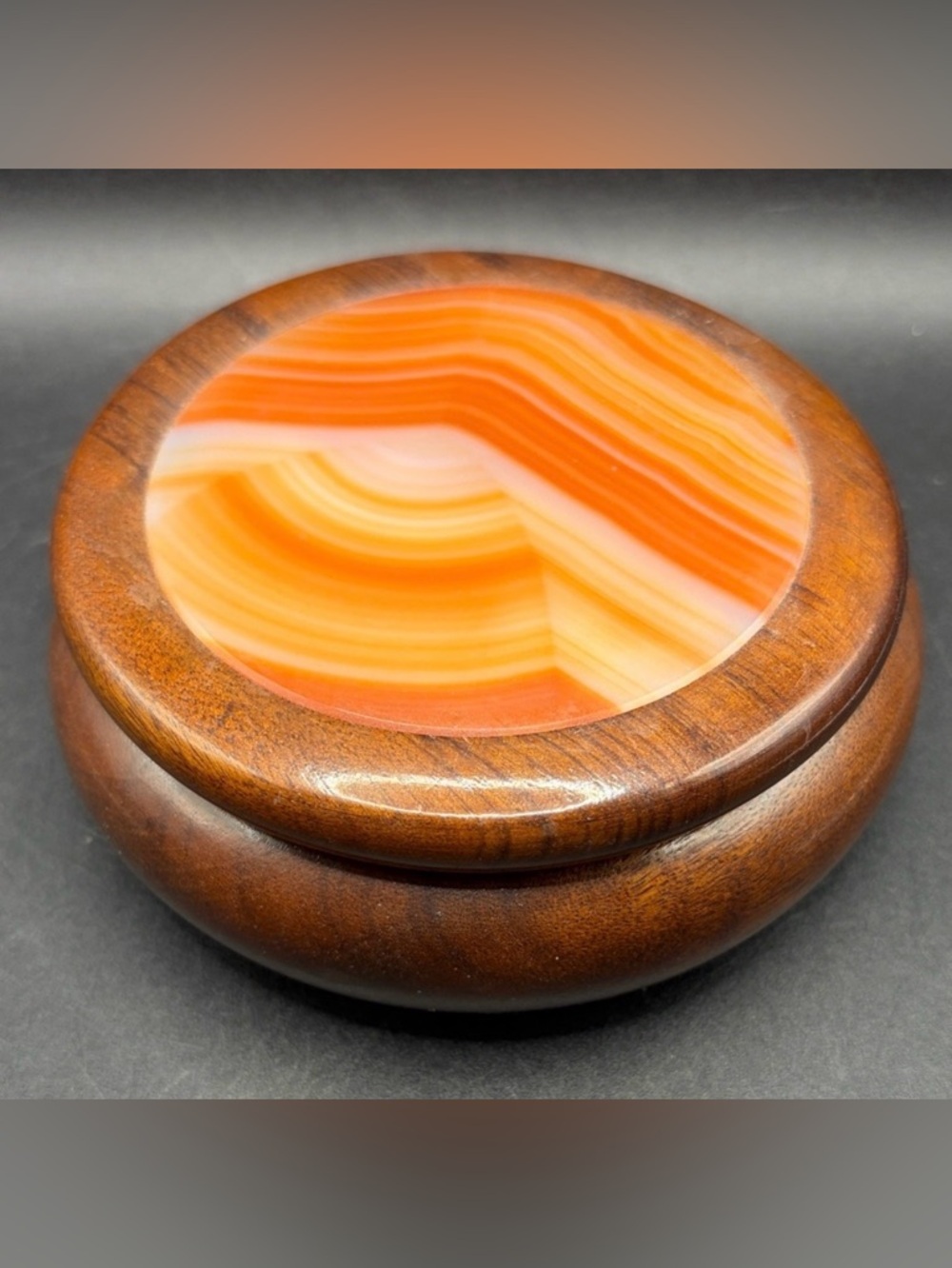 Woodstones Round Brazilian Wooden Agate Inlaid Top Trinket Jewelry Keepsake Box